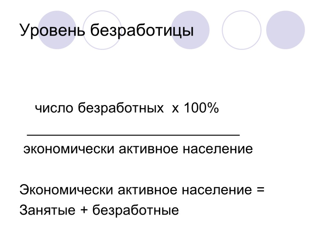 Уровень безработицы число безработных х 100% ___________________________ экономически активное население Экономически активное население =